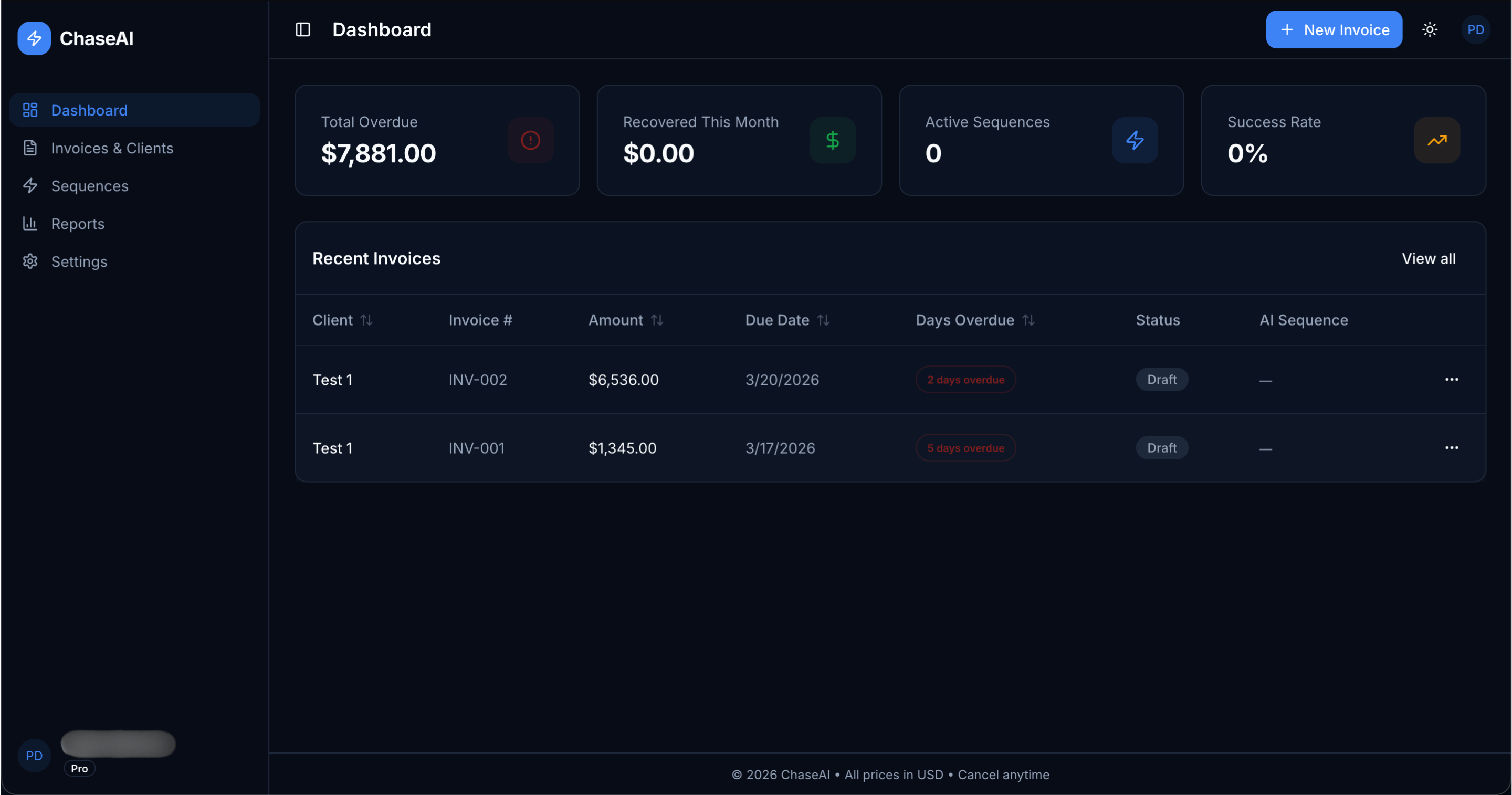 ChaseAI dashboard with overdue total and recent invoices