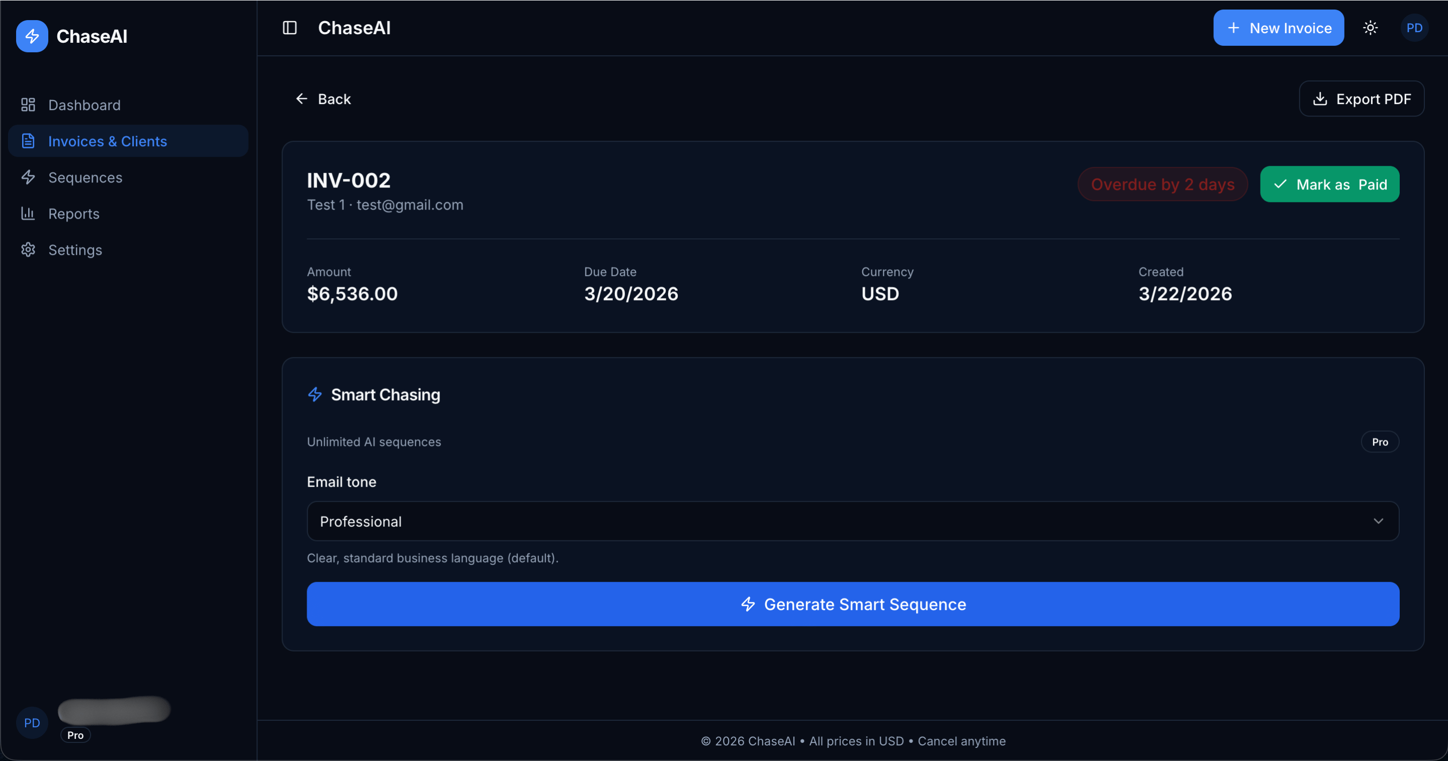 ChaseAI invoice detail with Smart Chasing, tone selector, and Generate Smart Sequence