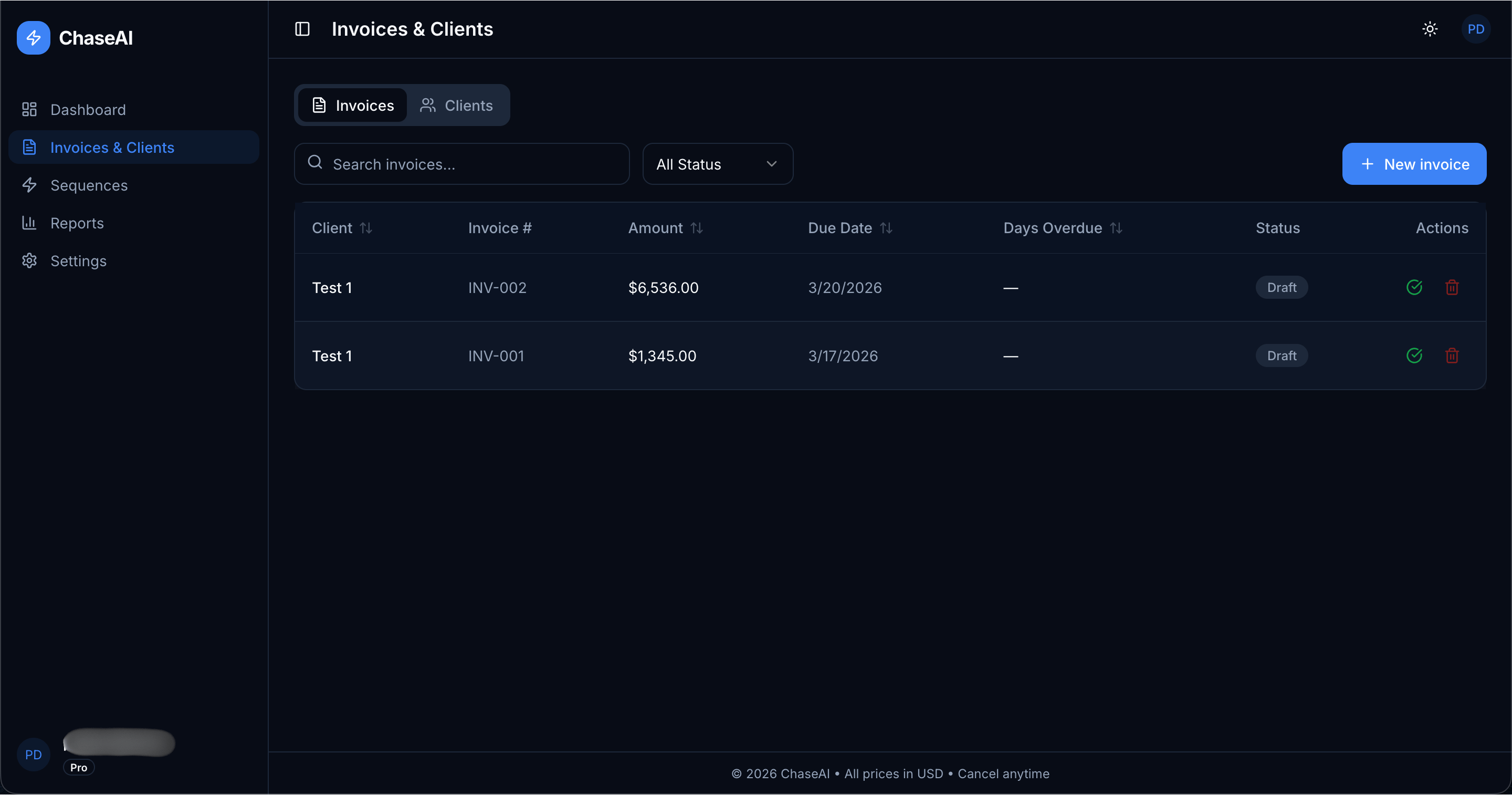 ChaseAI invoices list with search and status filters