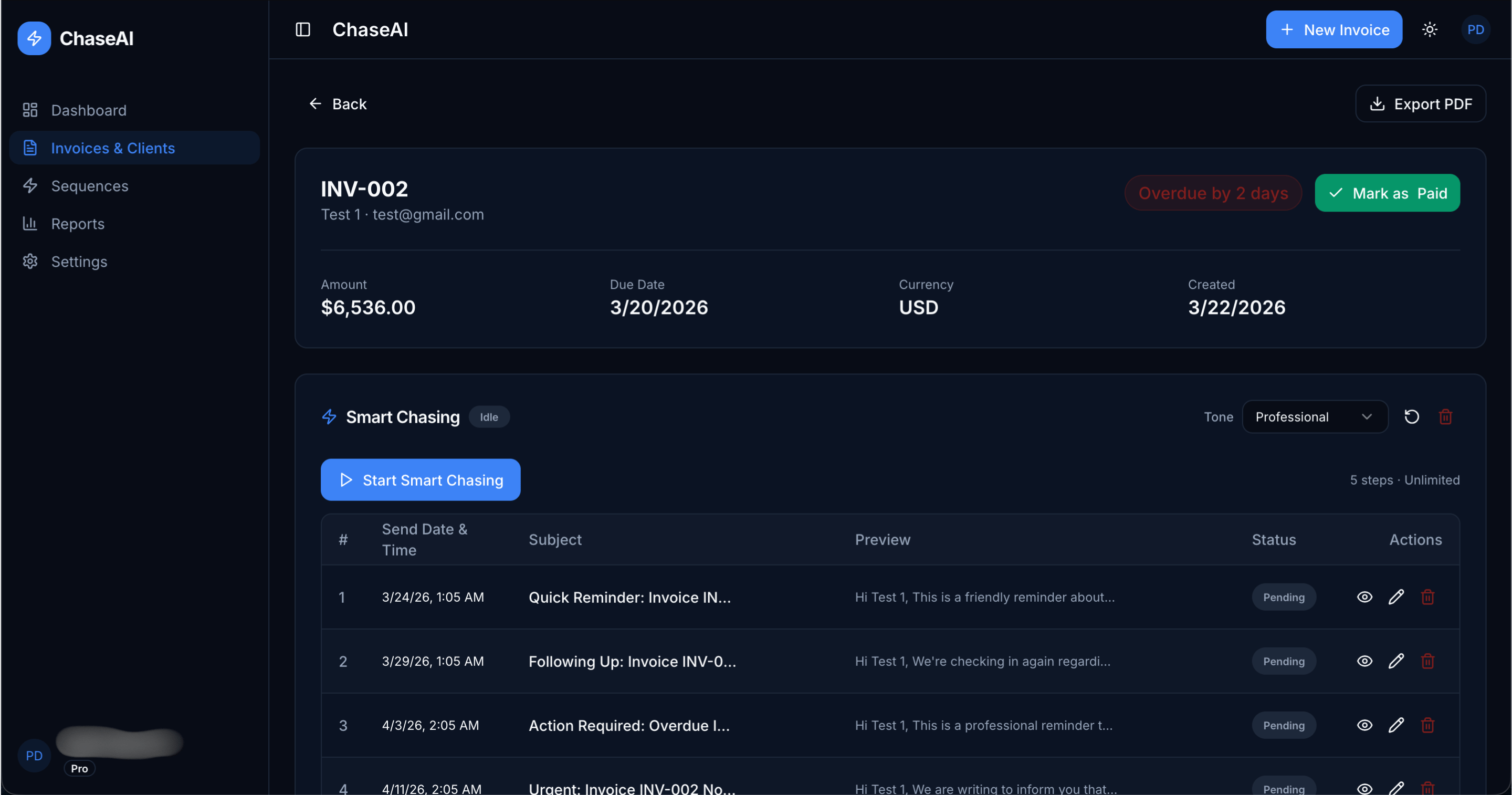 ChaseAI generated chase emails with dates, subjects, and status for each step